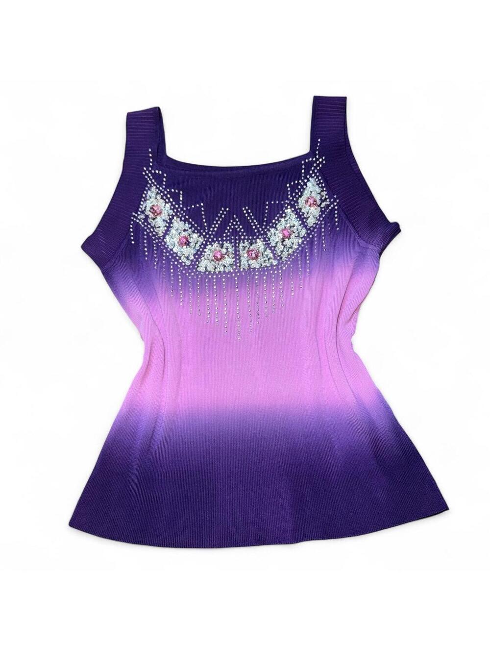 Vintage Y2K Purple Pink Ombré Rhinestone Floral Knit Top M
